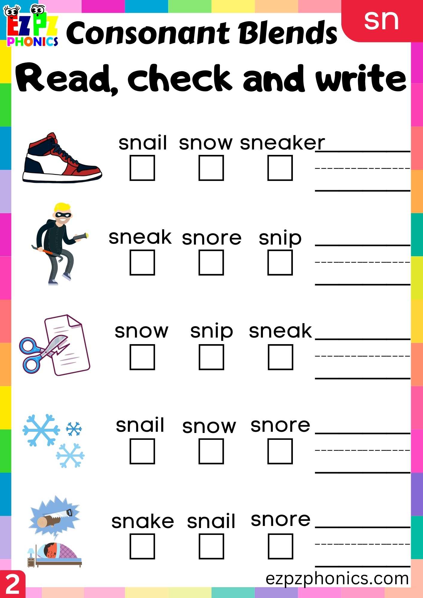 Group2 Sn Words Read Check And Write Phonics Consonant Blends Worksheet